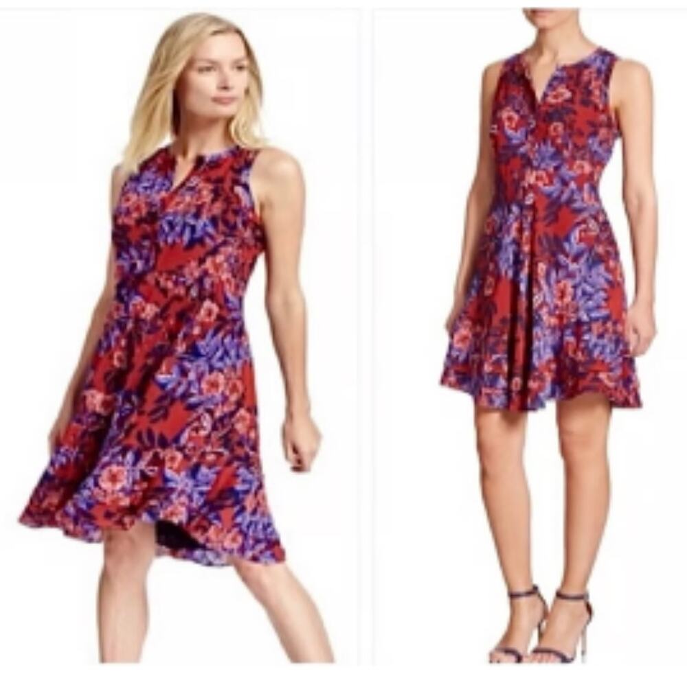 Rebecca Taylor Silk Flame of the Forest Floral Print Sleeveless Dress Red Blue - Picture 1 of 8